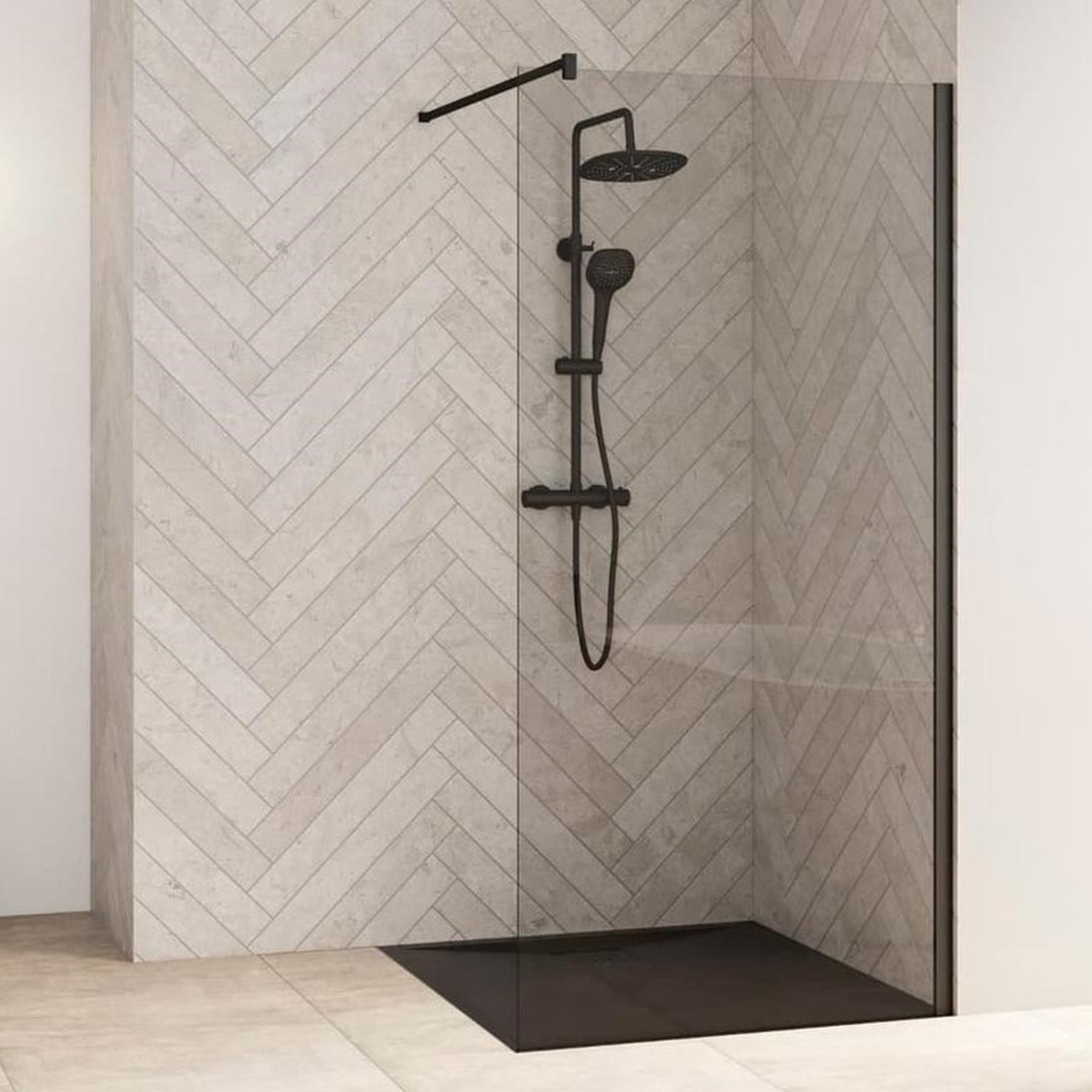 Paroi de douche fixe avec barre de renfort haute SMART Design solo largeur 1.00m hauteur 1.98m profilé noir verre transparent 