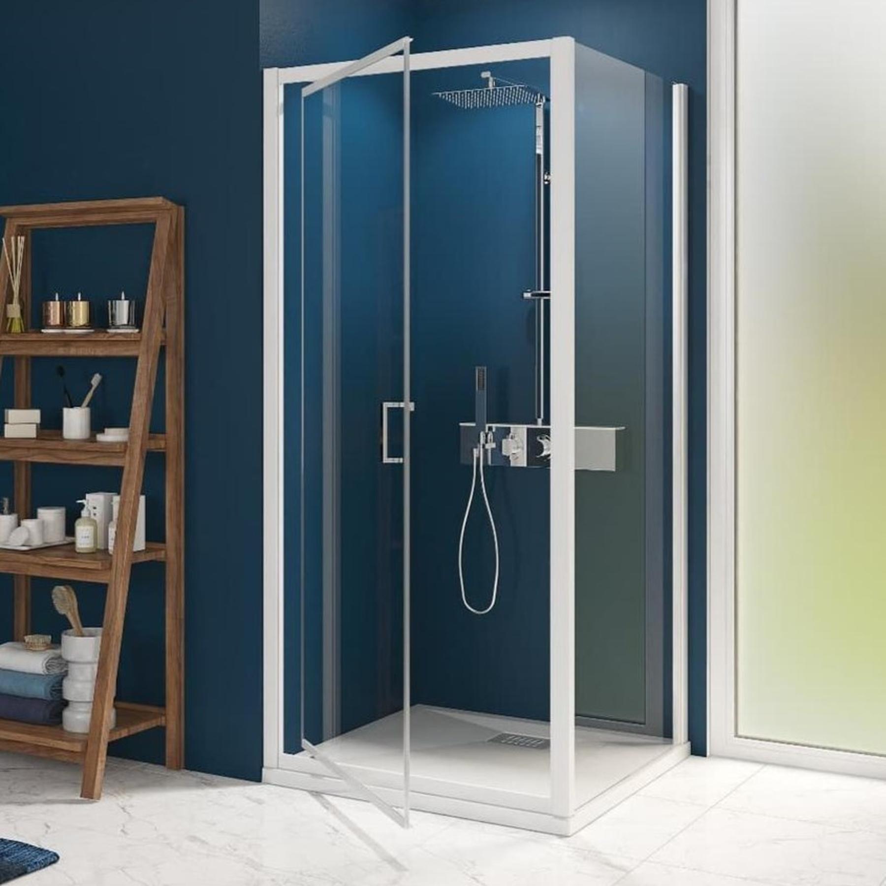 Porte de douche d'angle SMART Express (à coupler avec paroi fixe d'angle SMART Express) largeur 90 cm hauteur 1.90m profilé blanc verre transparent