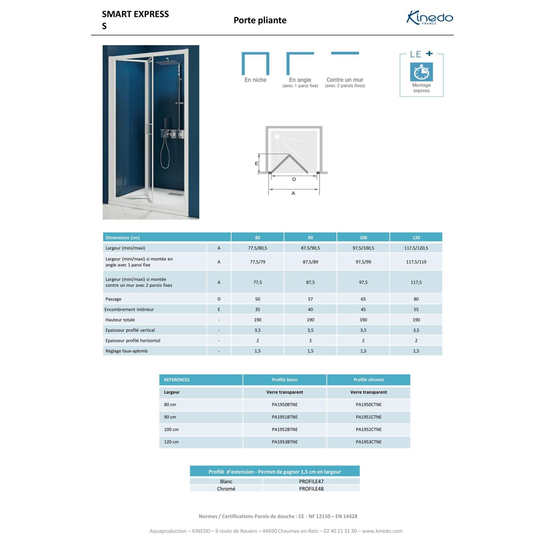 Porte de douche SMART Express S gain de place pliante vers l'intérieur largeur 80 cm profilé blanc verre transparent