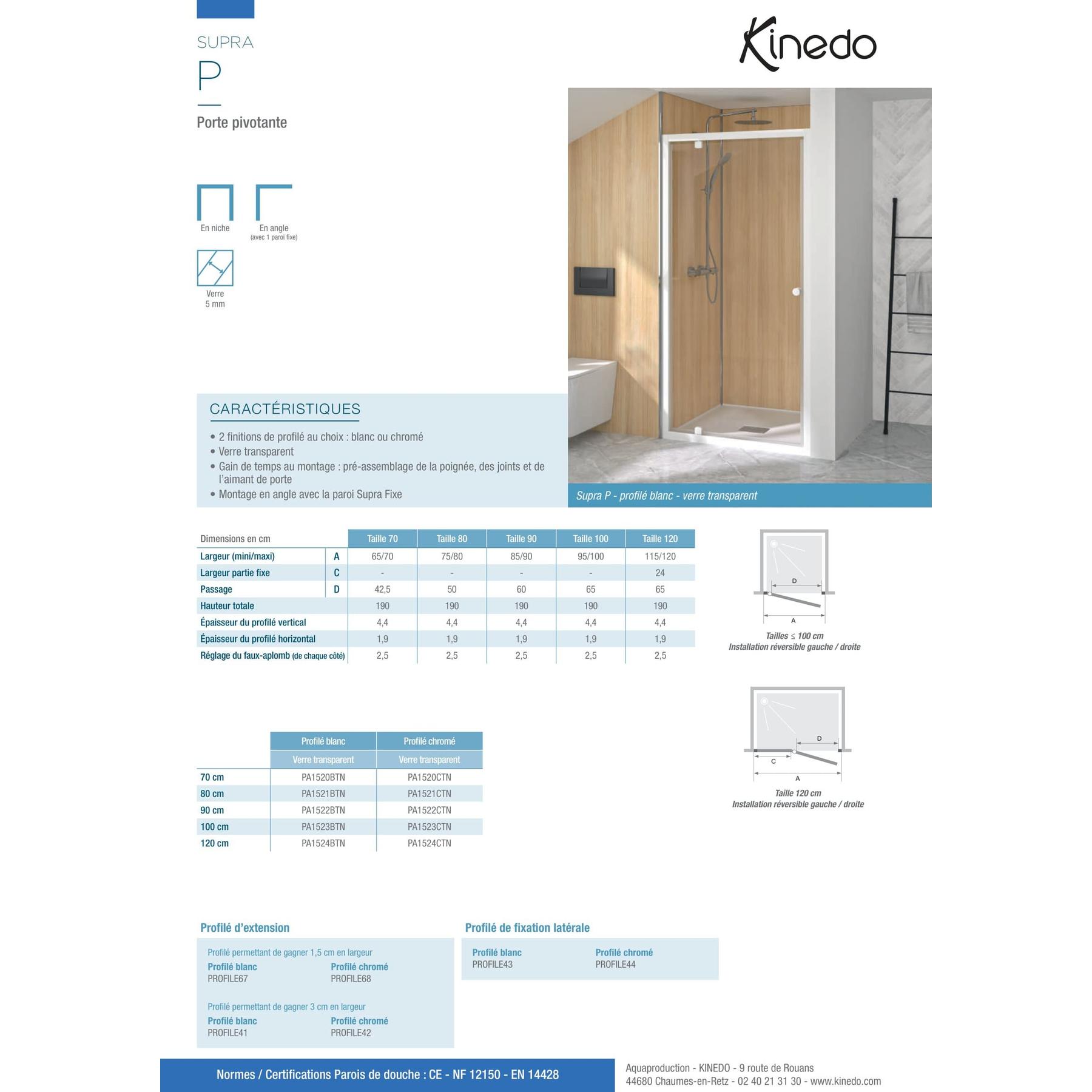 Porte de douche porte pivotante réversible SUPRA largeur 70 cm hauteur 1.90m profilé blanc verre sécurit 5mm transparent